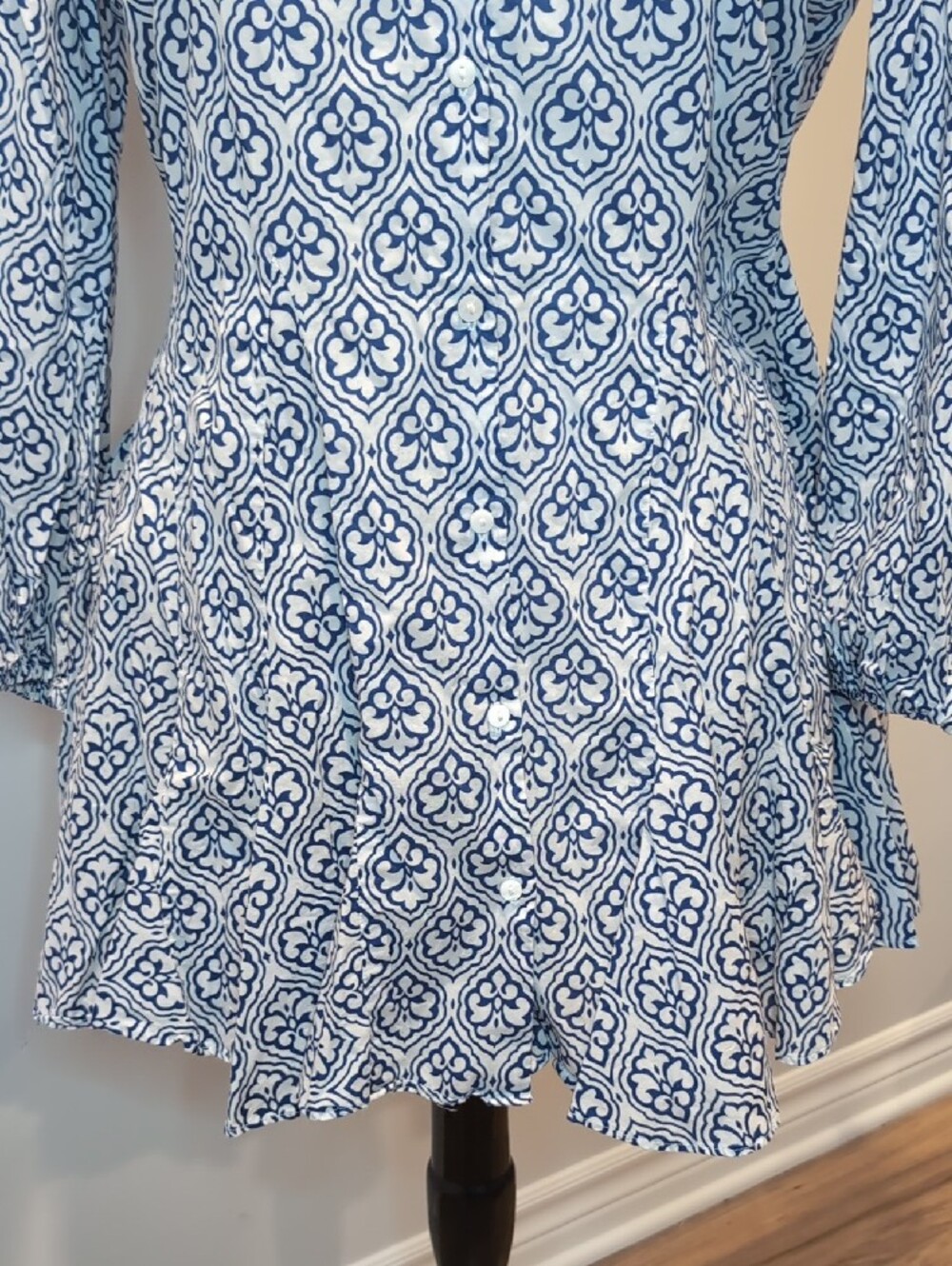 Zara Blue & White Geometric Patterned Button-Up Dress Skater Style Large - Picture 3 of 9